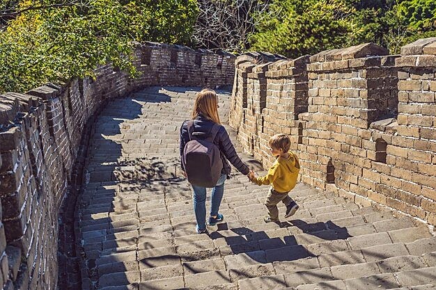 A mother and young child walking the Great Wall