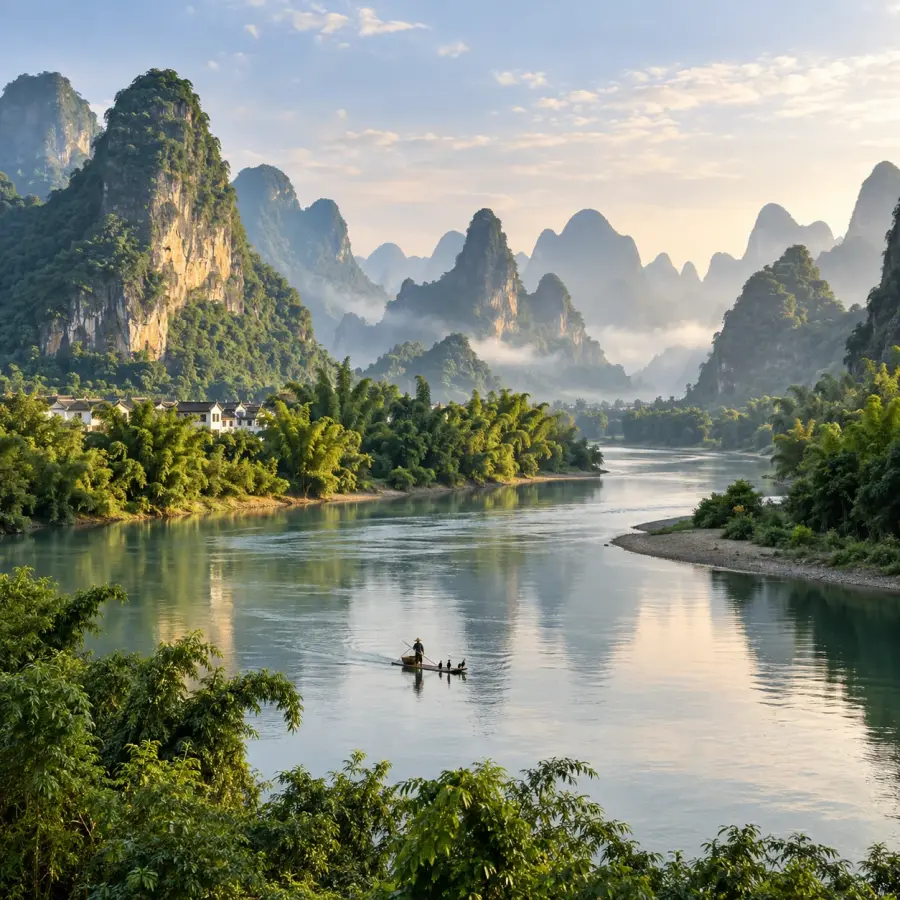 Karst mountains and a bamboo raft on the Li River