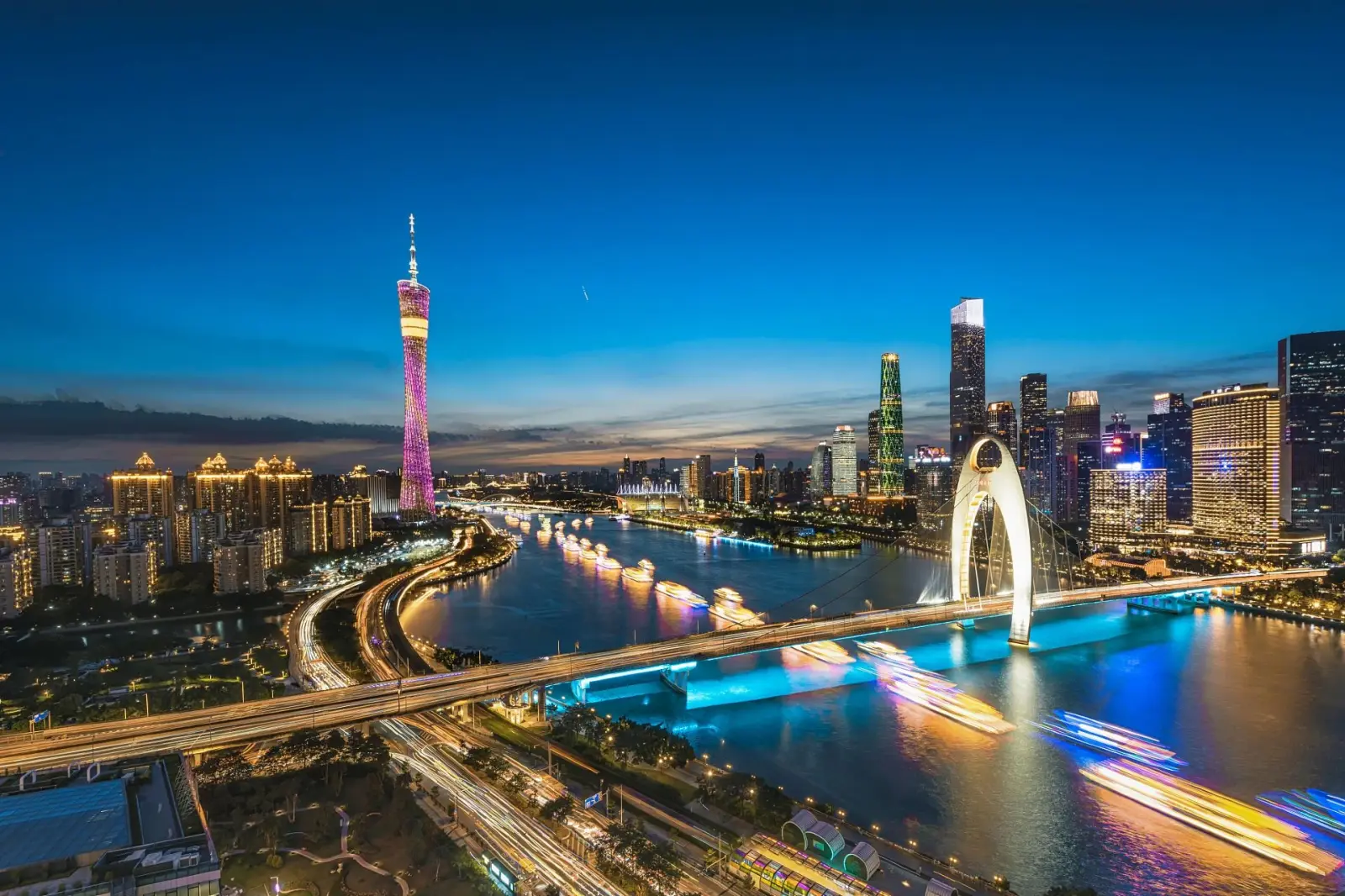Canton Tower, Liede Bridge and the Pearl River at blue hour