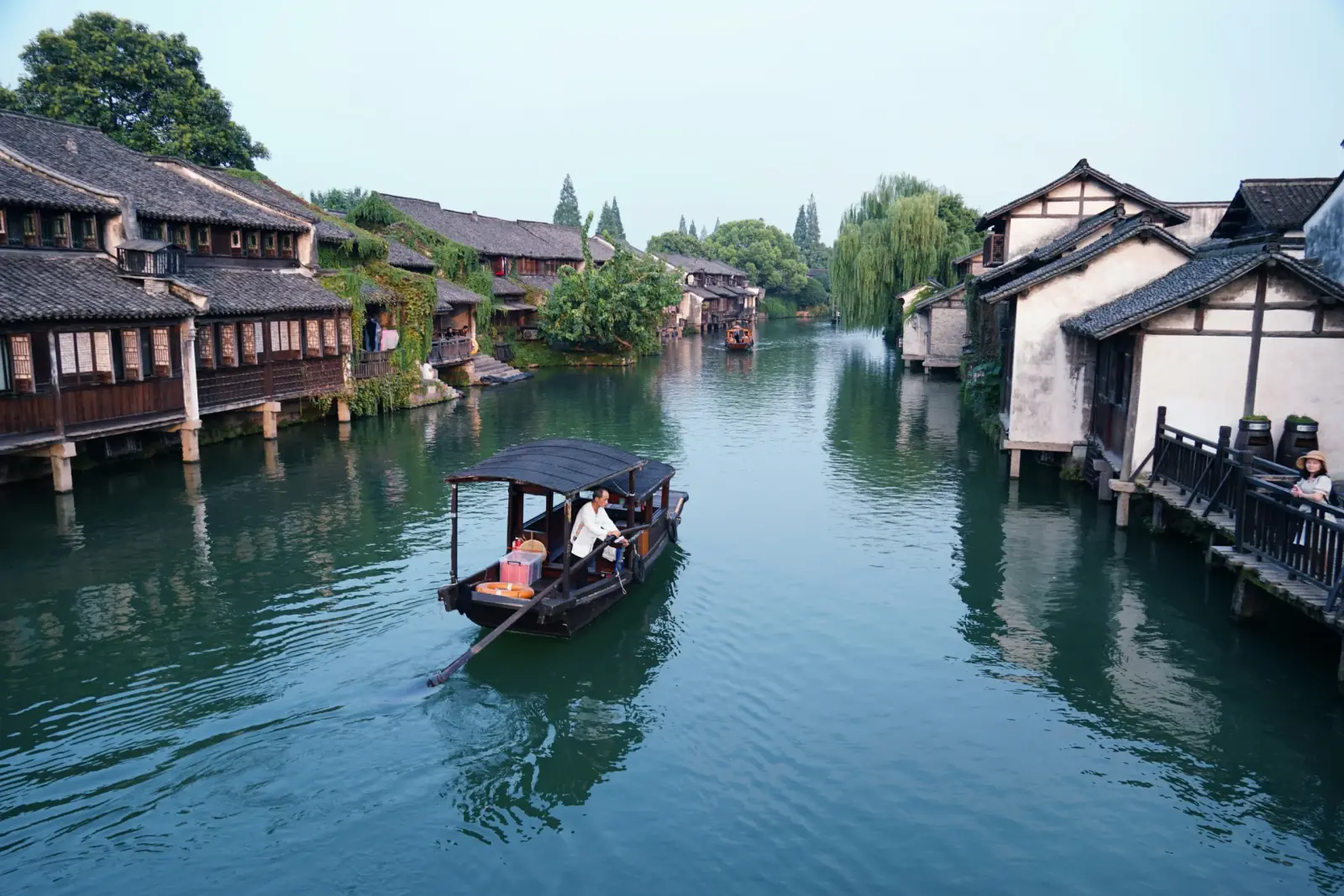 Traditional waterfront houses and a boat in Wuzhen