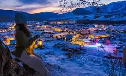 Snow-covered Hemu Village at blue hour