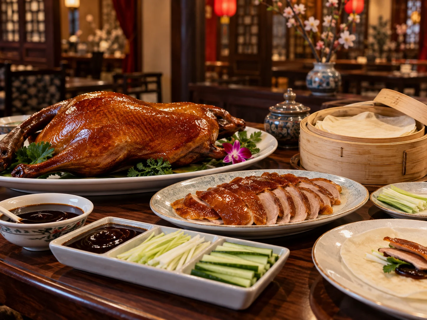 Golden sliced Peking duck served with pancakes, sauce and scallions