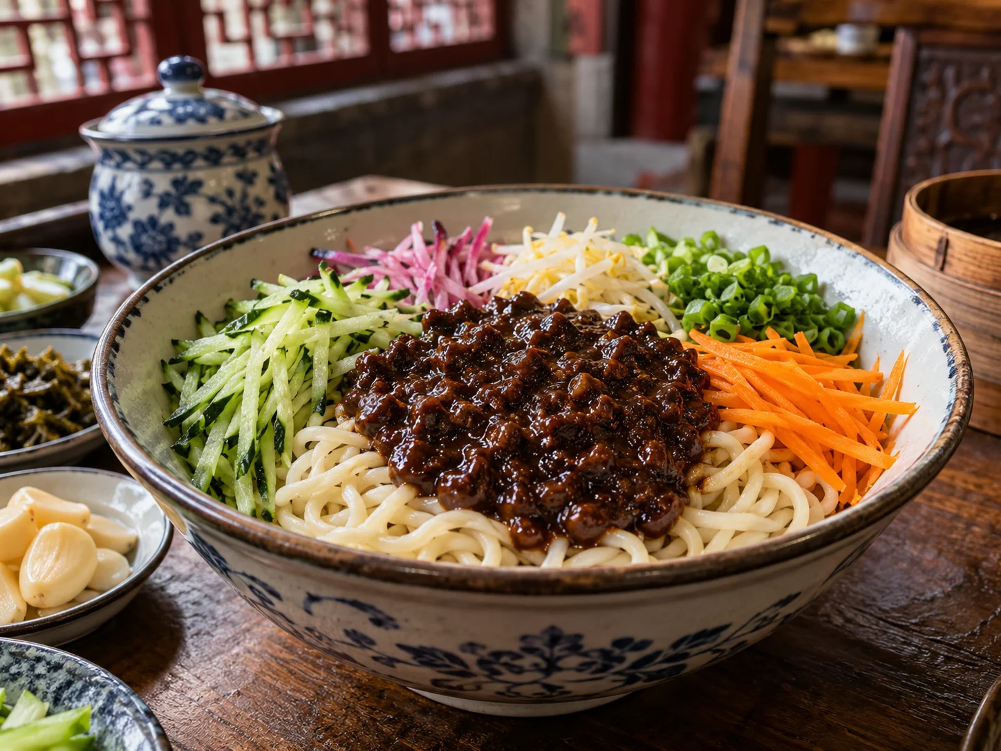 A homestyle bowl of zhajiang noodles with fresh vegetables