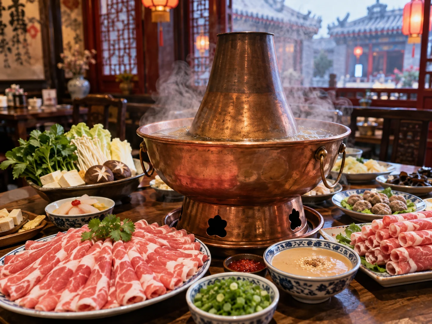 A traditional copper pot of mutton hotpot with sesame sauce at the table
