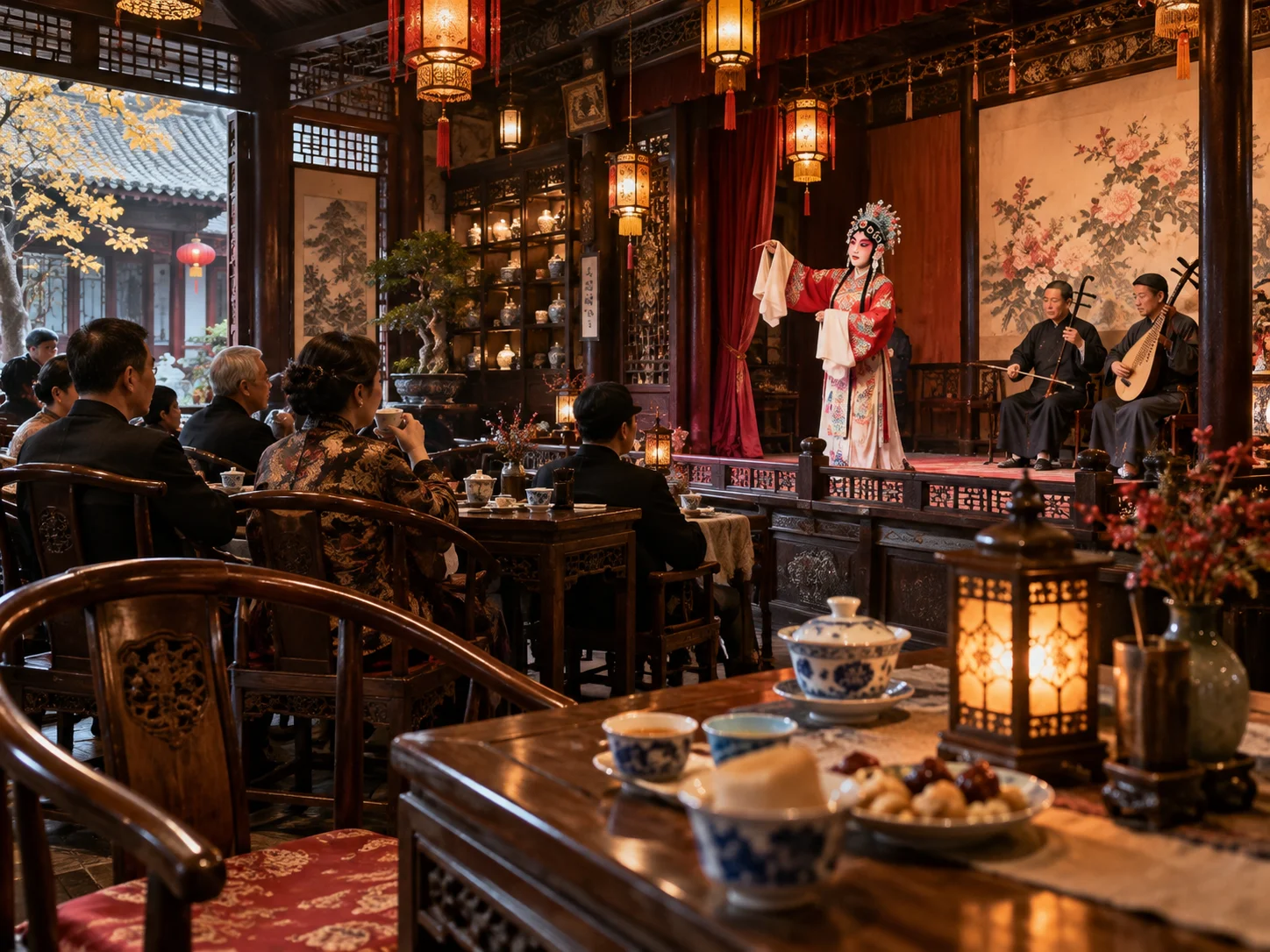 An evening of opera and storytelling in a traditional Beijing teahouse