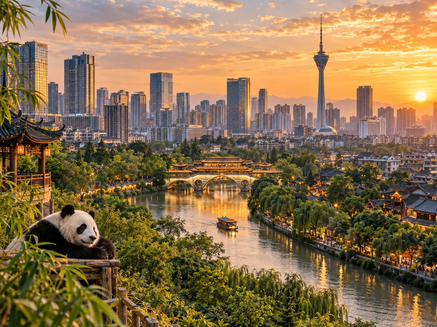 A panda by the river with the Jinjiang, stone bridges and the Chengdu skyline at dusk