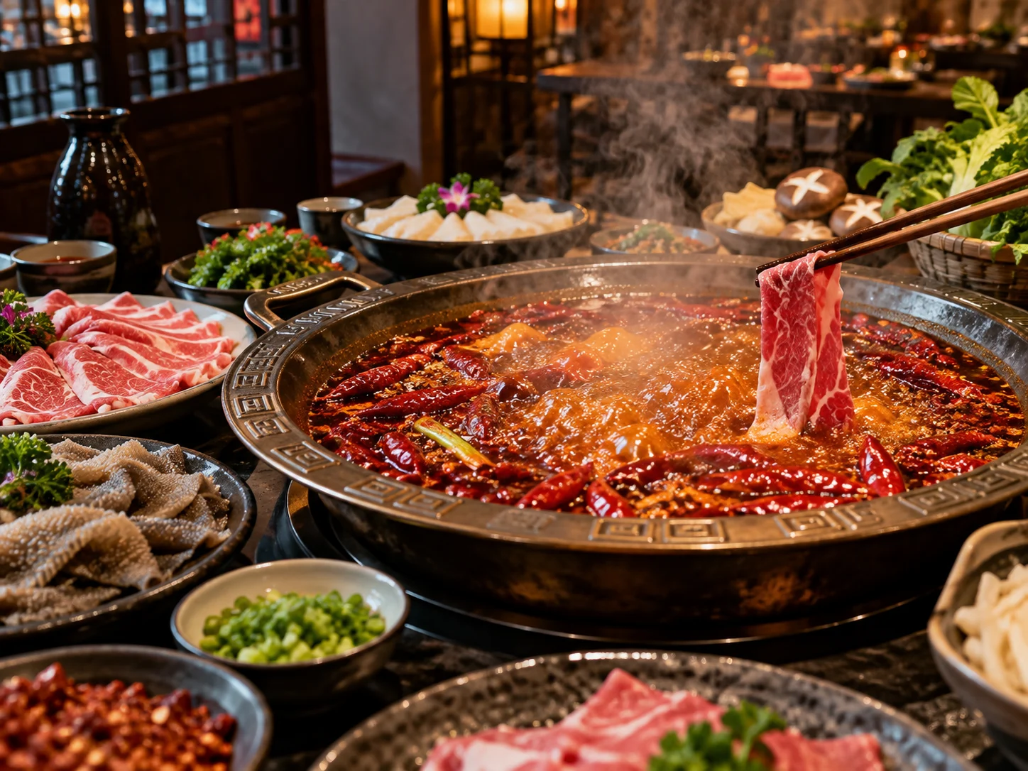 A bubbling red-oil hot pot with beef slices and fresh ingredients