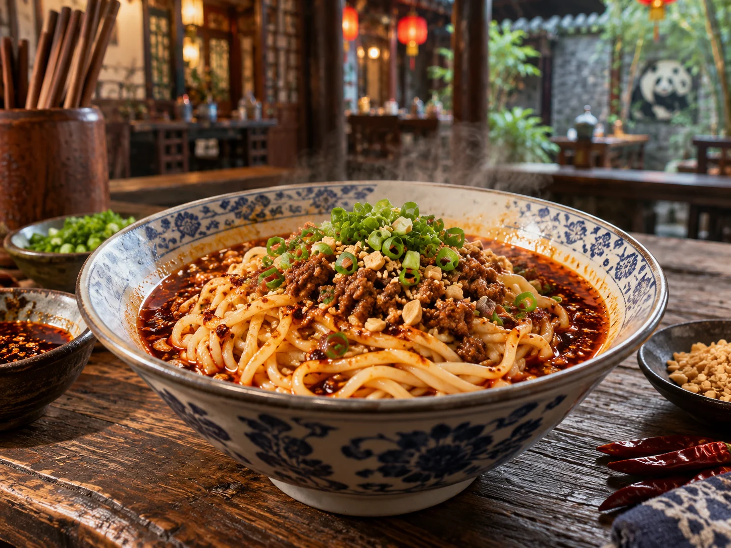 A bowl of dan dan noodles glazed in red chilli oil with minced pork and peanuts