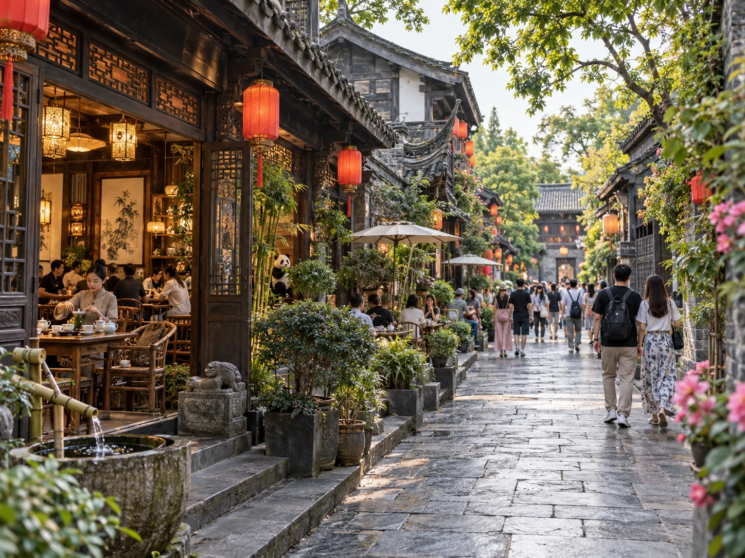 An evening street with lanterns, souvenir stalls and strolling crowds