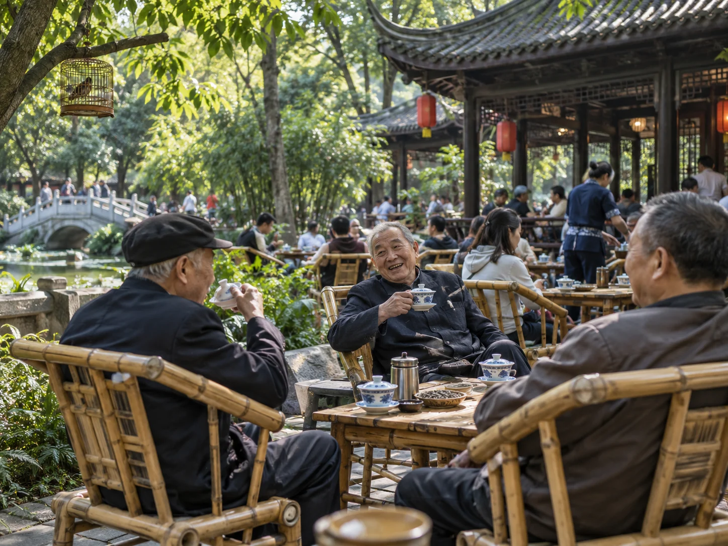 Elders sipping covered-bowl tea in a garden teahouse