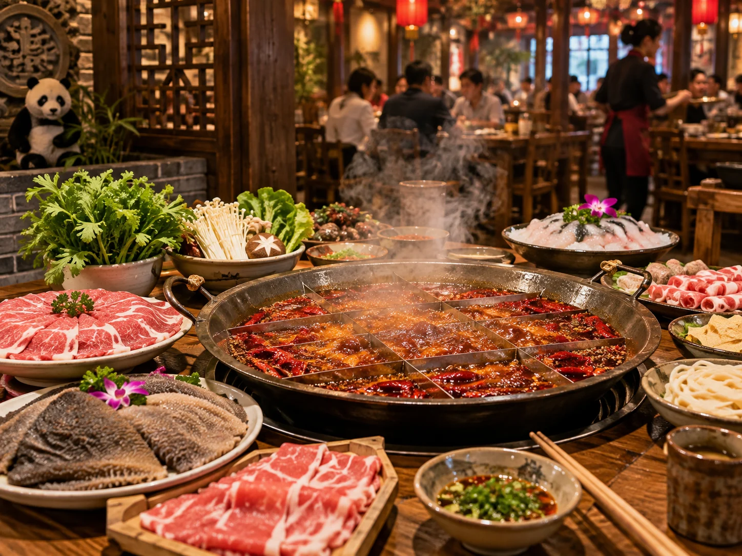 A bubbling nine-grid hot pot surrounded by fresh ingredients