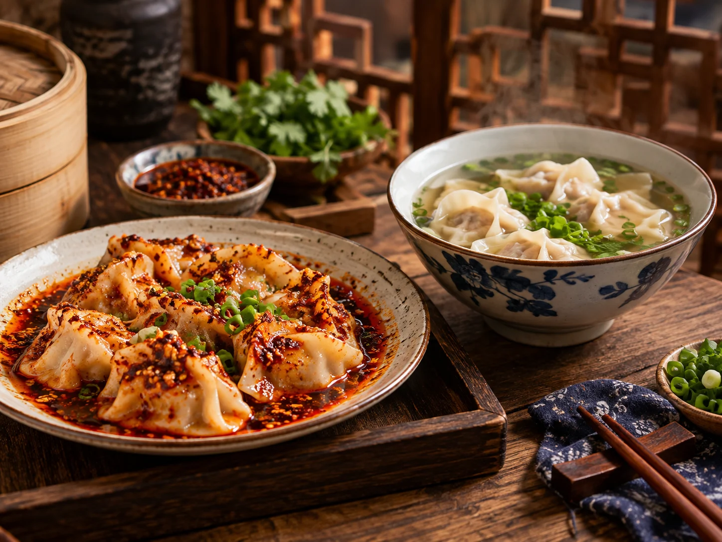 Zhong dumplings in red chilli oil beside wontons in clear broth