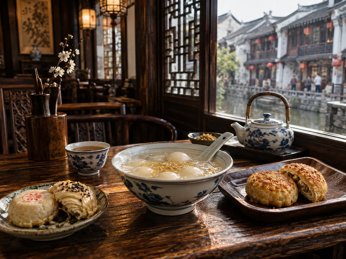 Sweet dumplings, pastries and a blue-and-white teapot on a wooden teahouse table