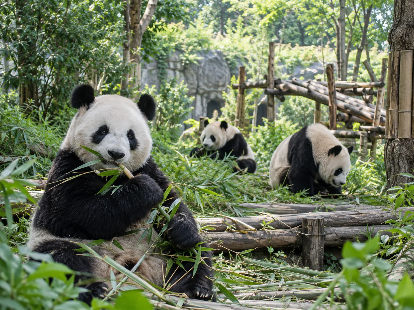 Giant pandas eating bamboo in their outdoor habitat