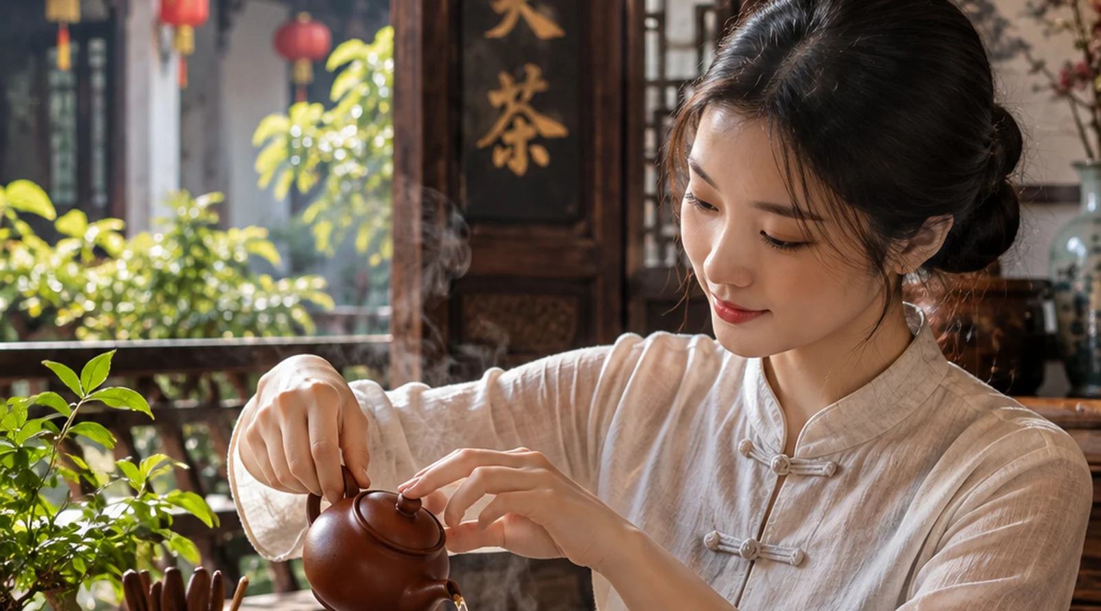 A woman pouring gongfu tea from a small clay pot into tiny cups in a traditional courtyard
