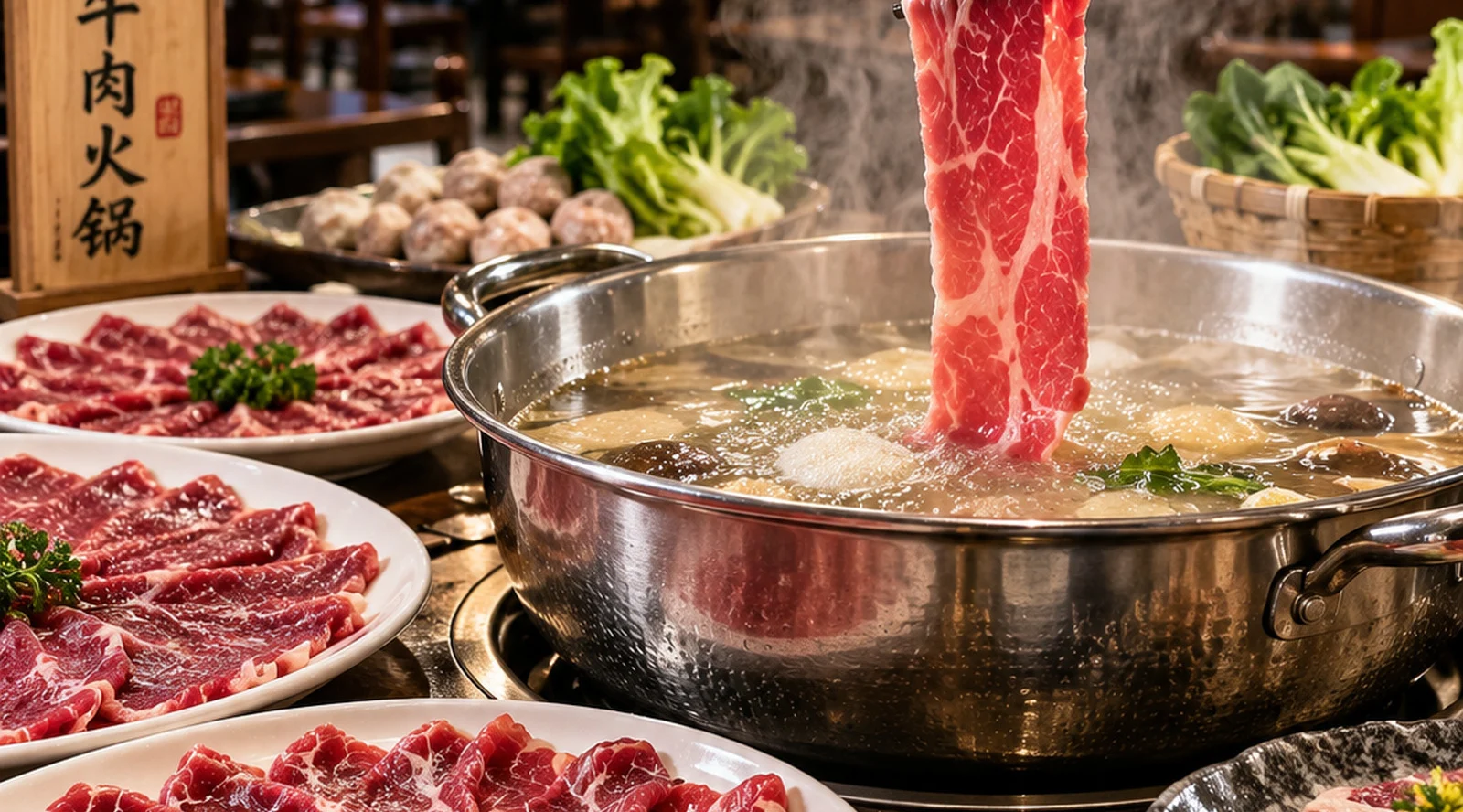 Slices of fresh beef being dropped into a bubbling broth at a Chaoshan beef hot pot