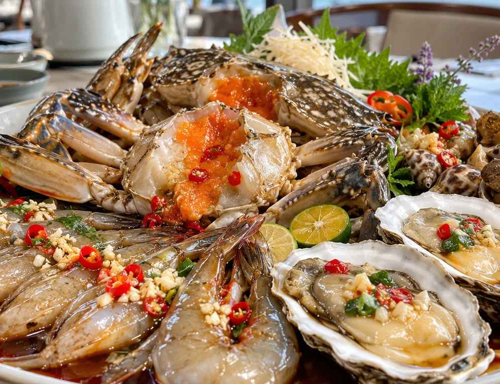 A platter of raw marinated crab and seafood with garlic, chilli and lime
