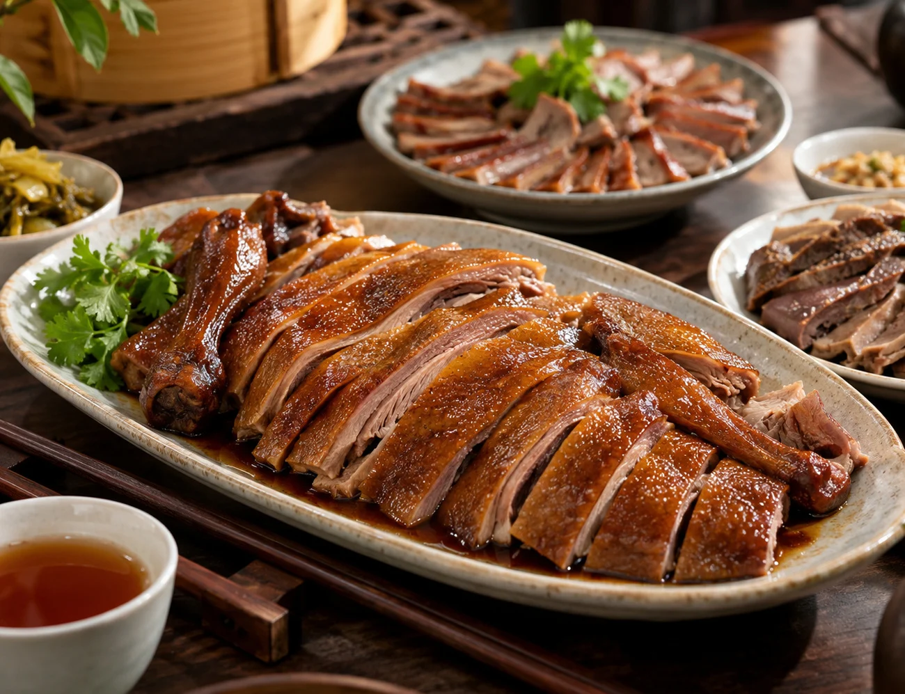 Sliced braised goose glazed in rich sauce with small dishes of pickles and tea on a wooden table