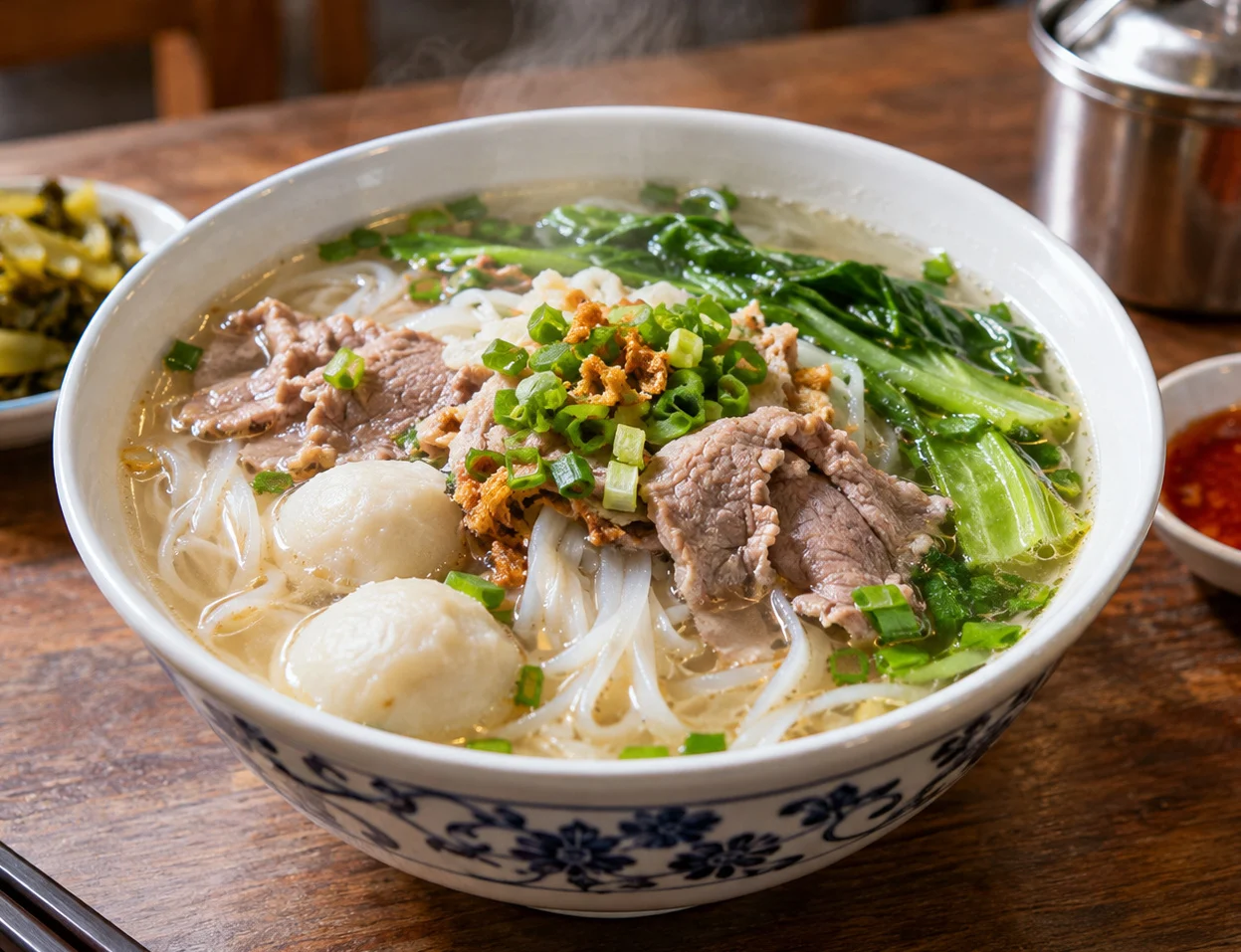 A bowl of rice-noodle soup with beef slices, fish balls and greens in a blue-patterned bowl