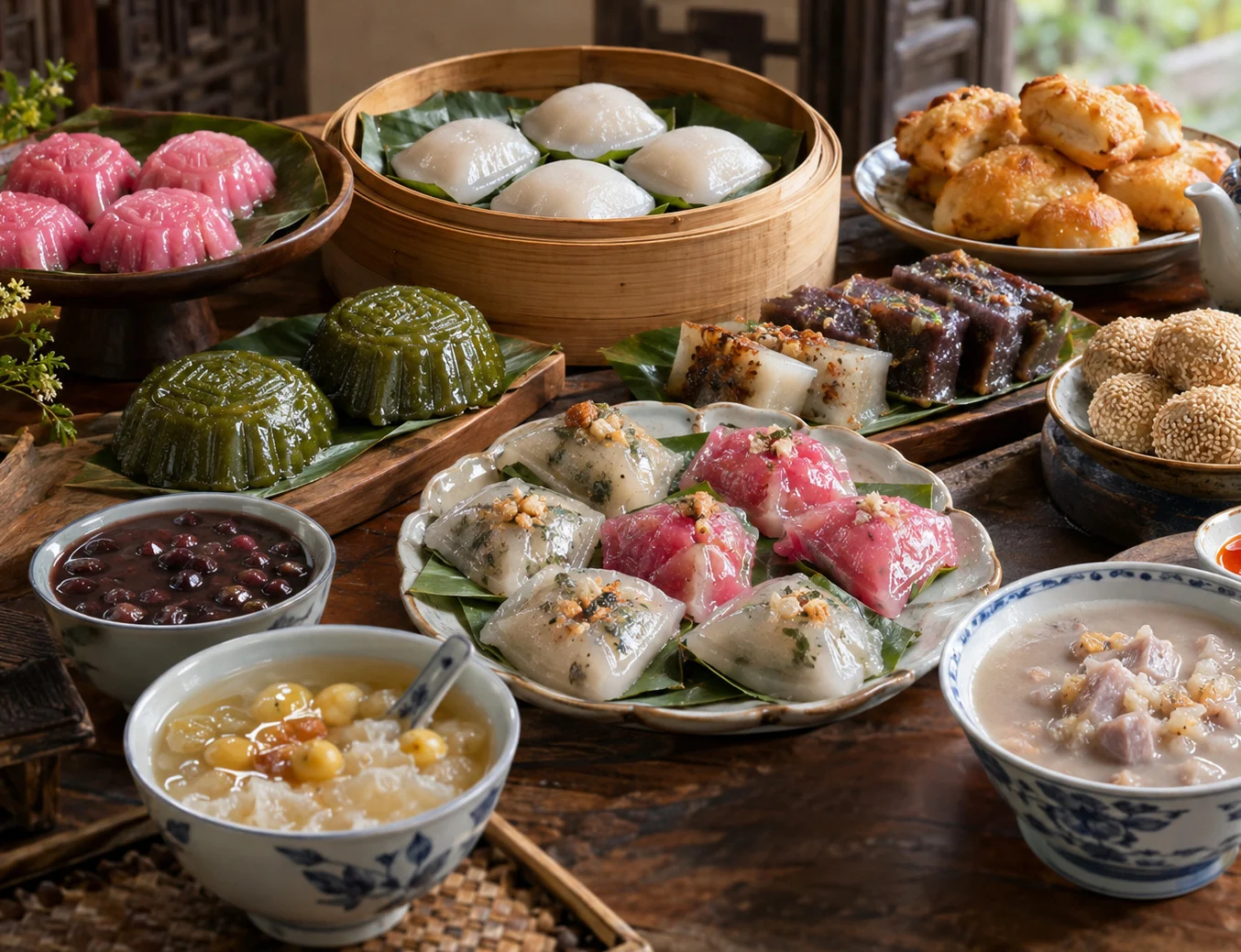 A table of Chaoshan gui rice cakes, pastries and sweet soups served in traditional vessels