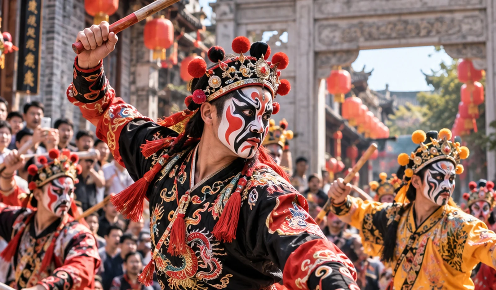 Yingge dancers in painted opera costume performing a vigorous folk dance in an open square
