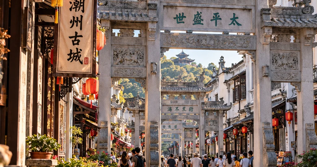 The Paifang Street of the Chaozhou old town with stone archways, lanterns and traditional shopfronts