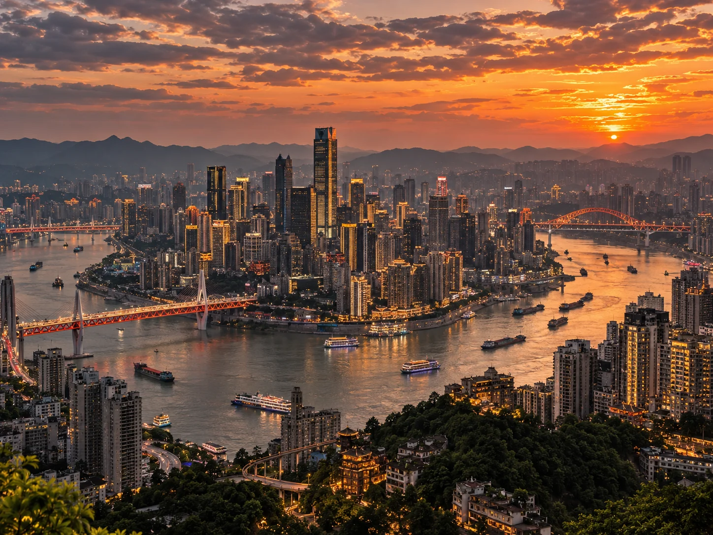 The two rivers at dusk with the Dongshuimen Bridge and the skyline beyond