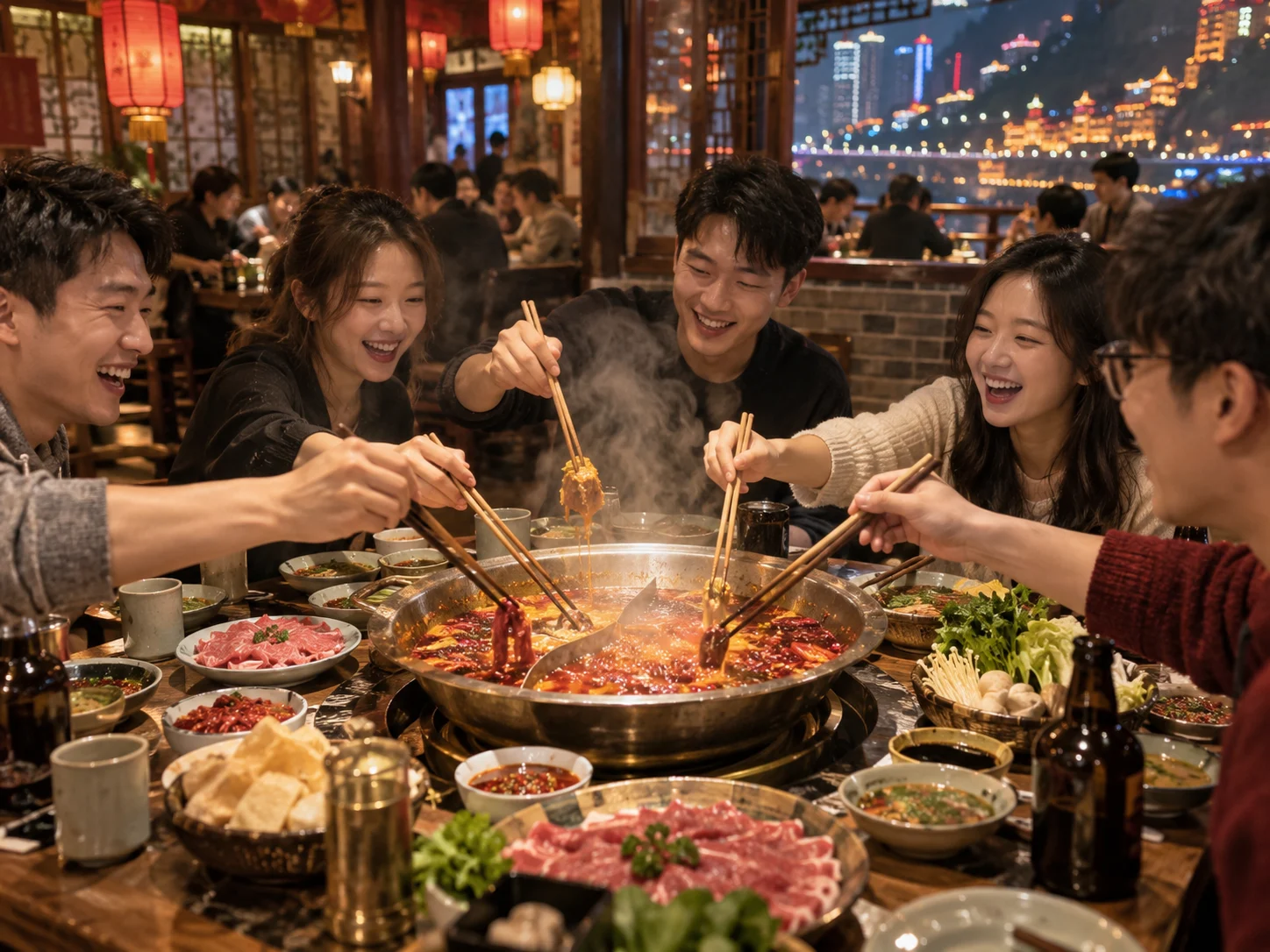 Friends sharing a bubbling hot pot at a lively table