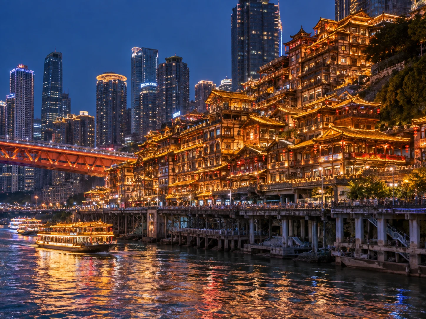 Hongya Cave at night with stilted buildings and a cruise boat on the river