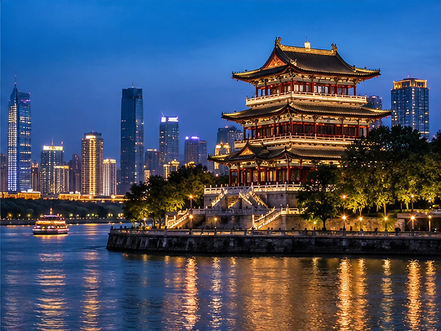 Du Fu Pavilion at night by the Xiang River with the Changsha skyline, a river cruise and golden reflections on the water