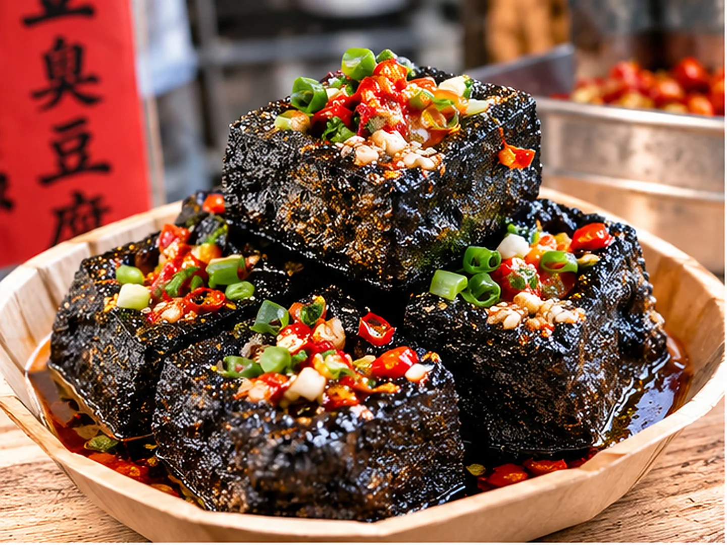 Changsha stinky tofu — crispy black tofu cubes topped with chopped chilli, scallions and garlic in a paper bowl at a street stall