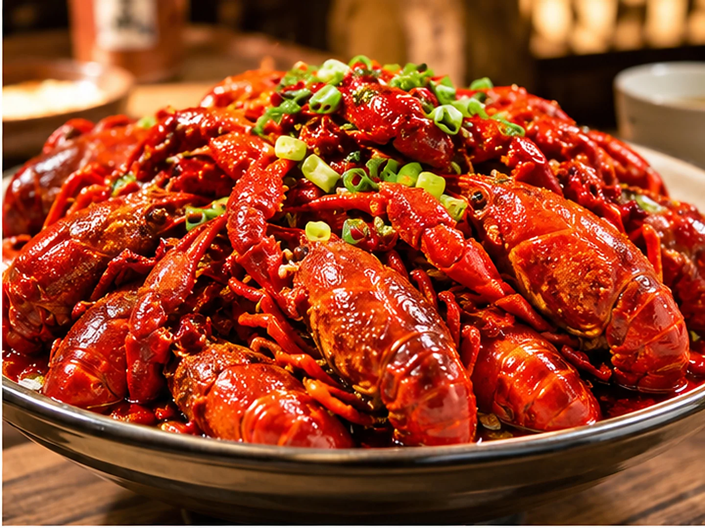 A big bowl of spicy crayfish (kouwei xia) piled high with red crayfish, scallions and glossy chilli sauce