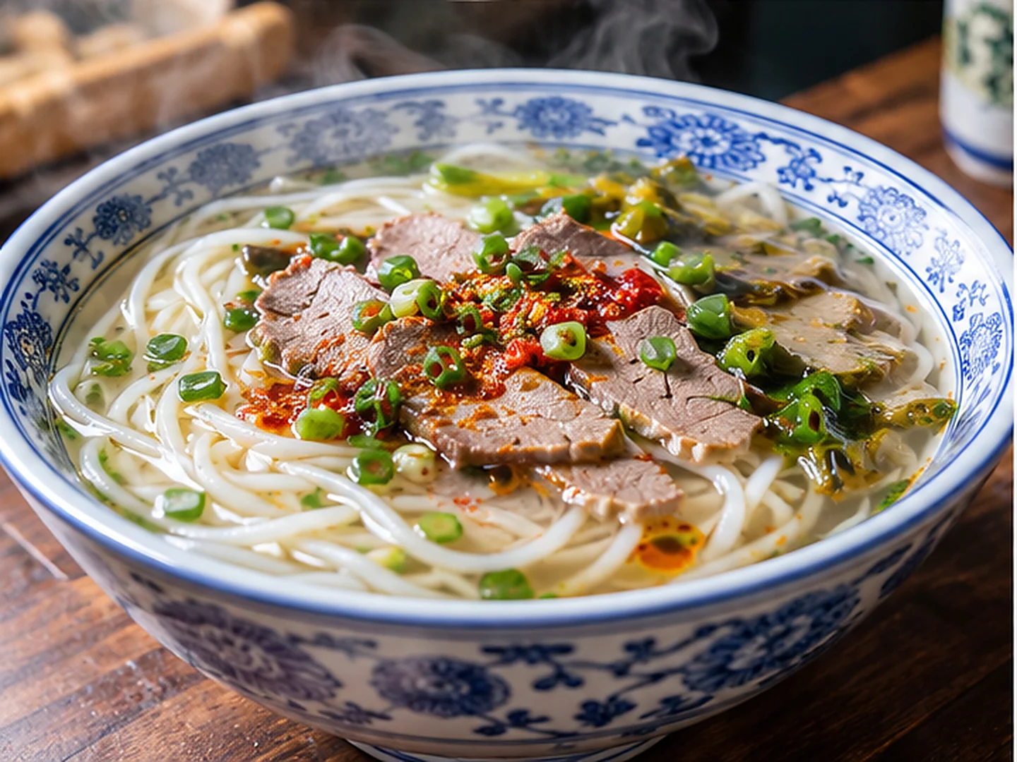 Changsha rice noodles in a blue-and-white bowl with sliced beef, preserved vegetables, chilli oil and scallions in steaming broth