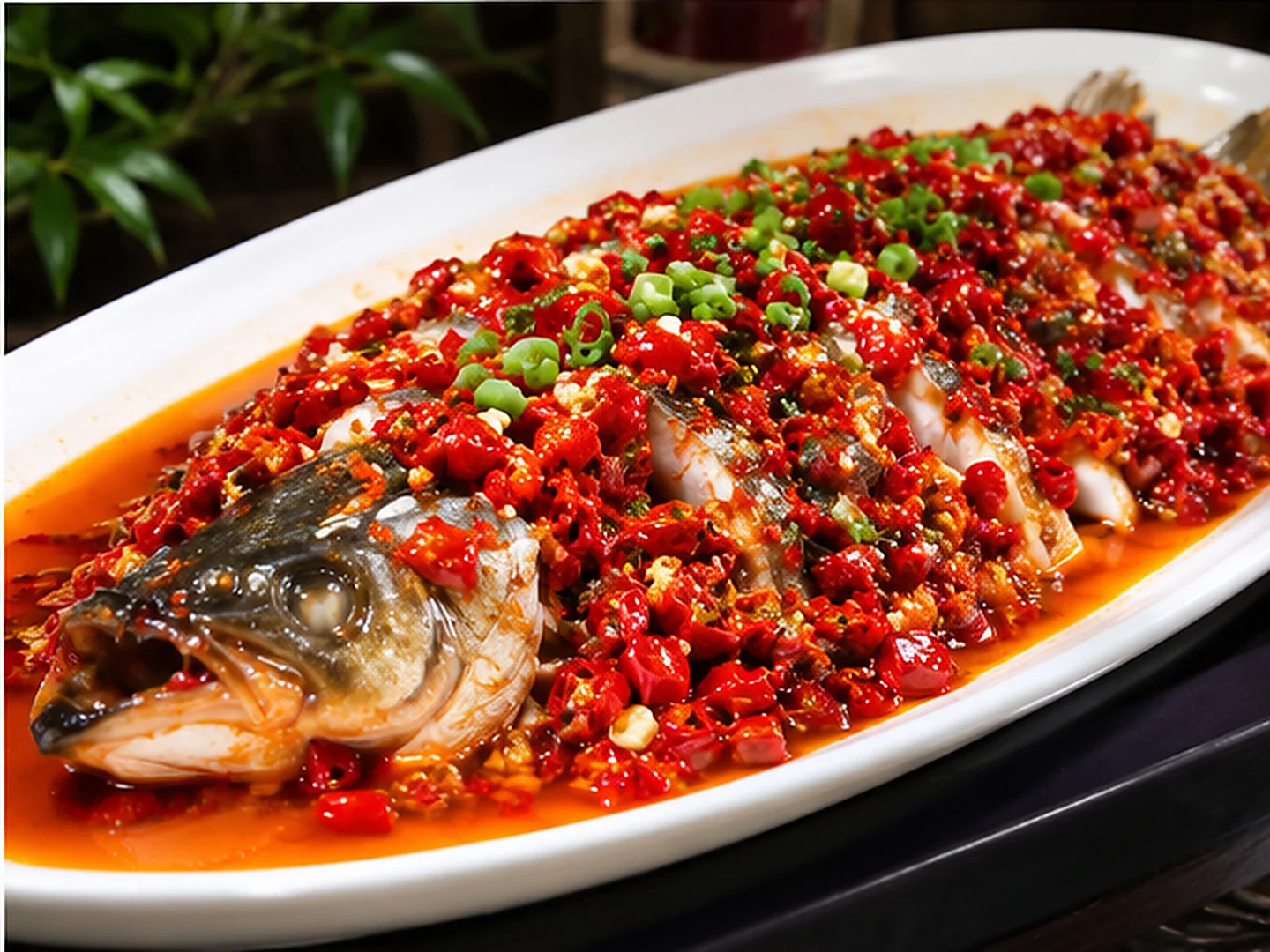 Steamed fish head with chopped pickled chillies (duojiao yutou) — a whole fish covered in red chillies in a white oval plate