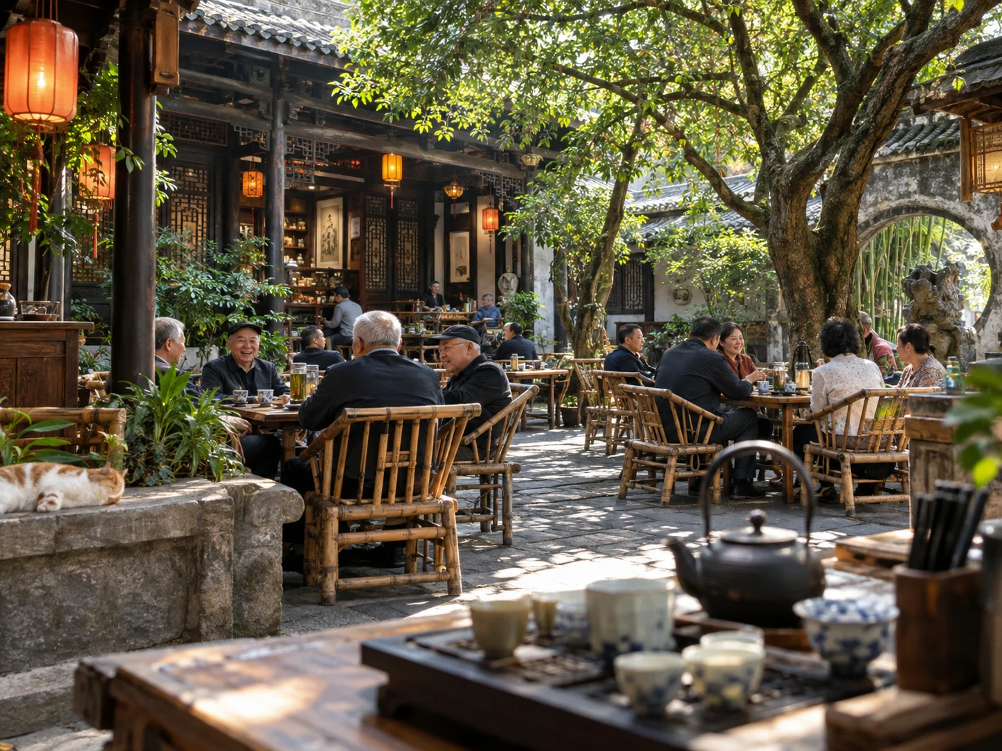 A traditional Changsha tea house courtyard with bamboo chairs, elderly locals drinking tea, red lanterns, ancient trees and a sleeping cat
