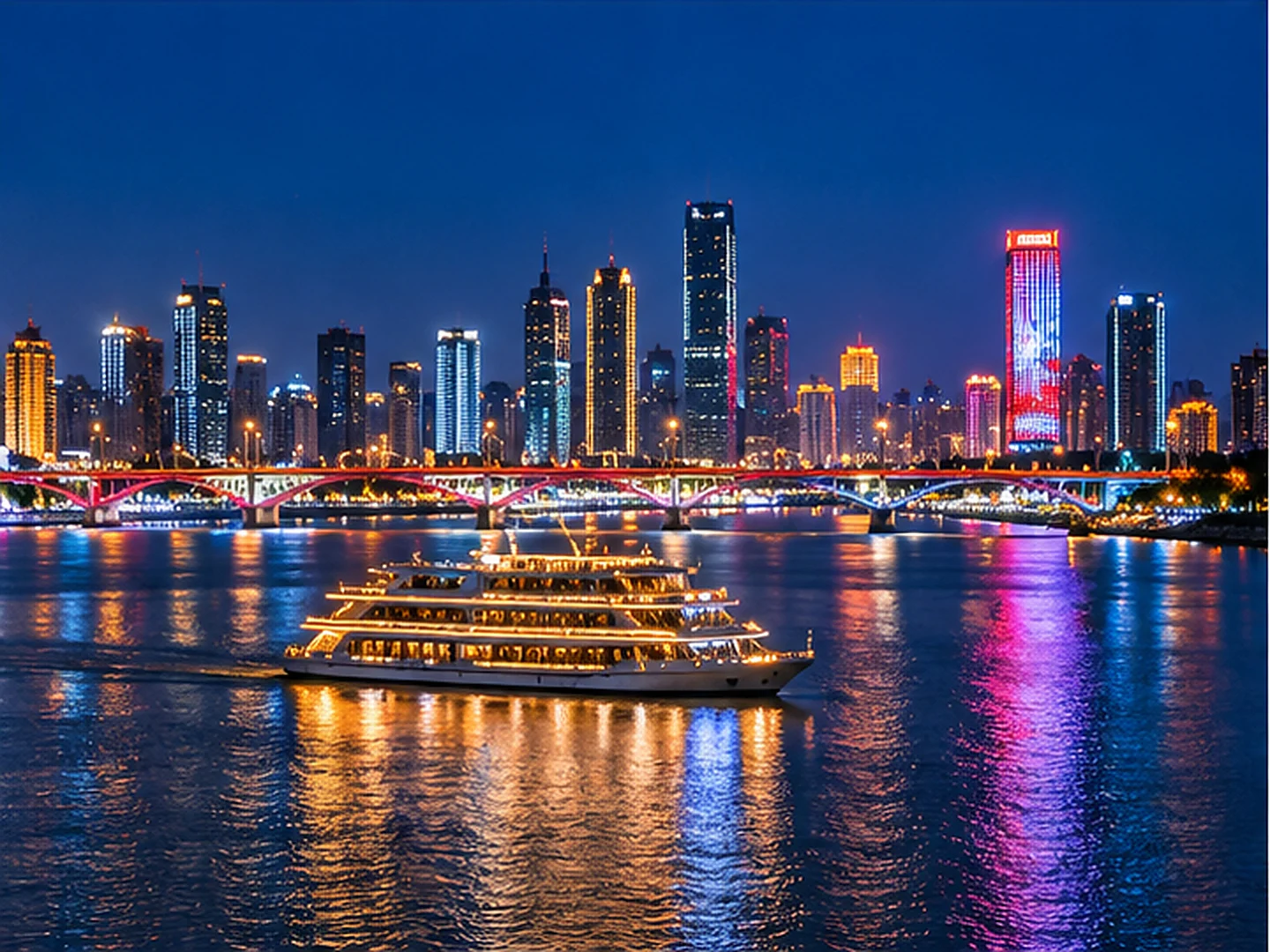 Xiang River night cruise with illuminated bridges, the Changsha skyline and colourful lights reflecting on the water