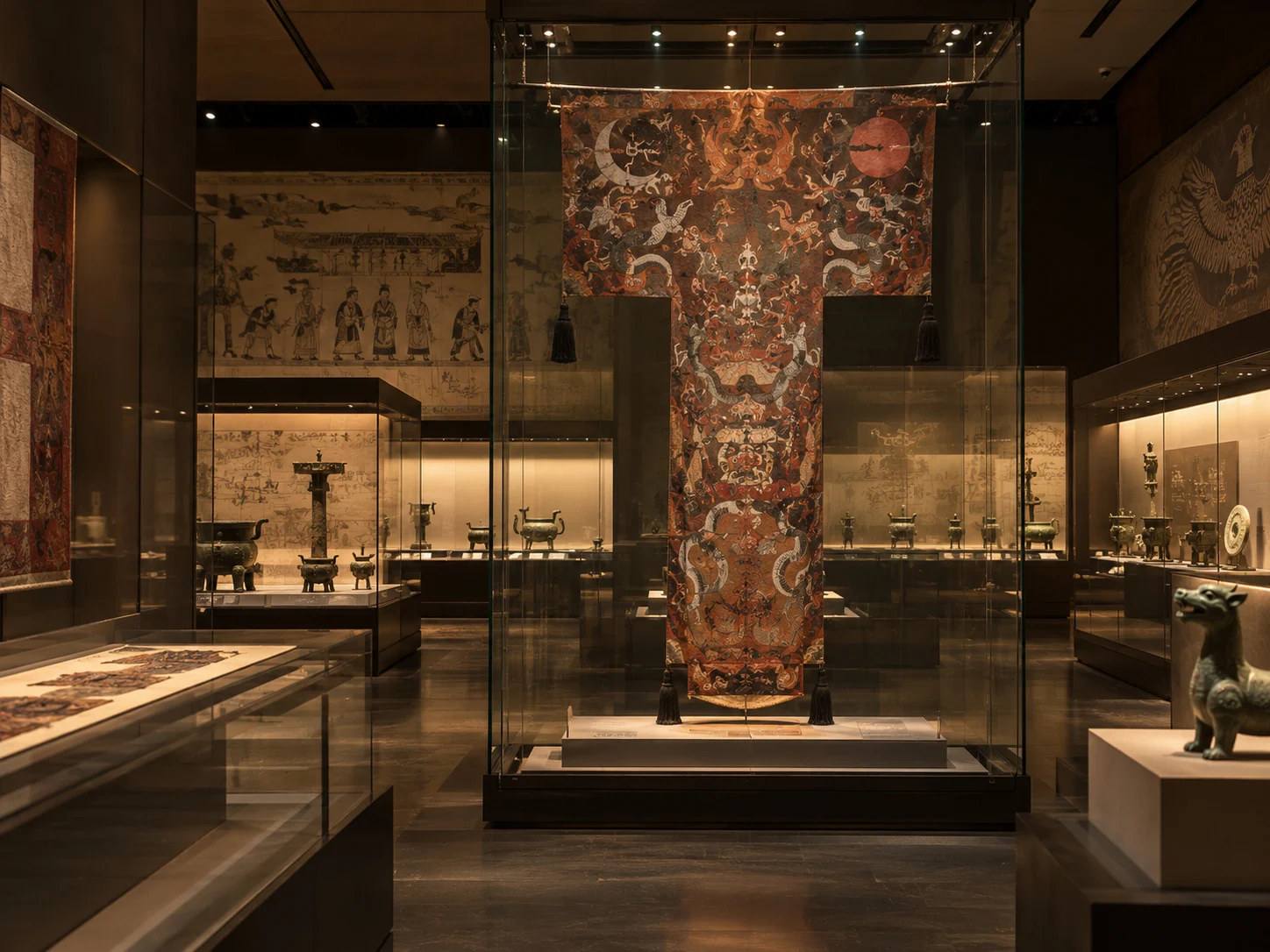 Hunan Museum gallery with the Mawangdui silk painting, bronze ding vessels, lacquerware and visitors observing the exhibits