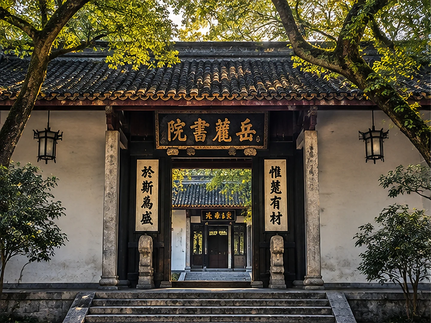 The gate of Yuelu Academy with its calligraphy plaque, couplets, stone lions, ancient trees and tiled roof