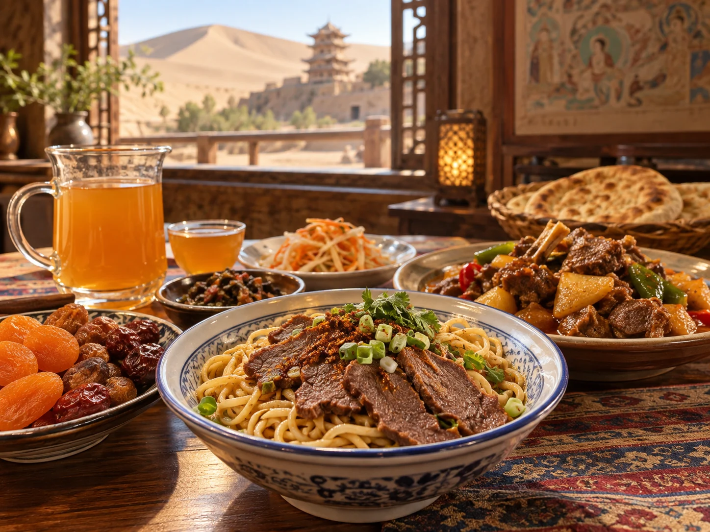 A traditional Dunhuang feast with lamb, yellow noodles, naan bread, dried fruits, apricot drink and a desert pagoda view through the window
