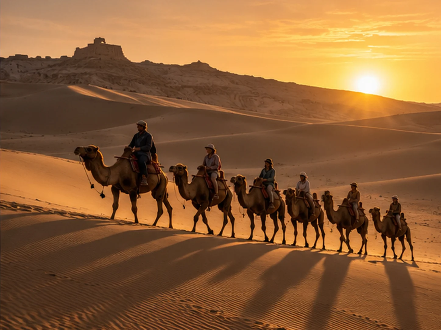 A camel caravan walking across golden sand dunes at sunset with an ancient frontier fortress ruin on a hilltop in the background