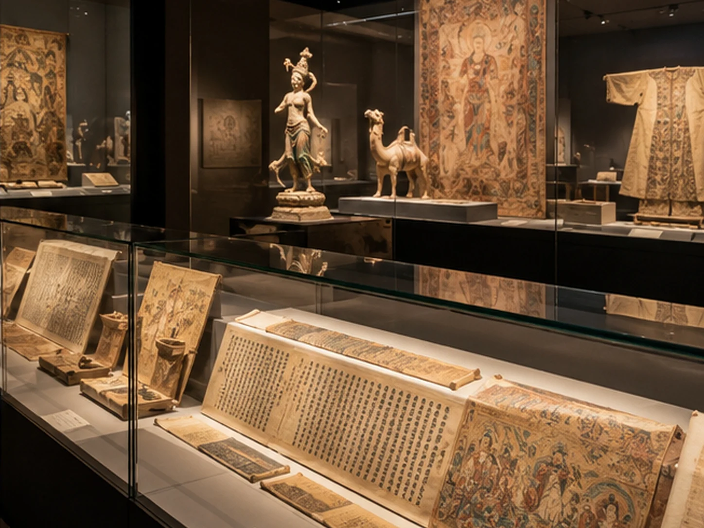 Dunhuang Museum gallery with ancient manuscripts, painted sculptures, silk paintings, a camel figurine and historical garments in glass cases
