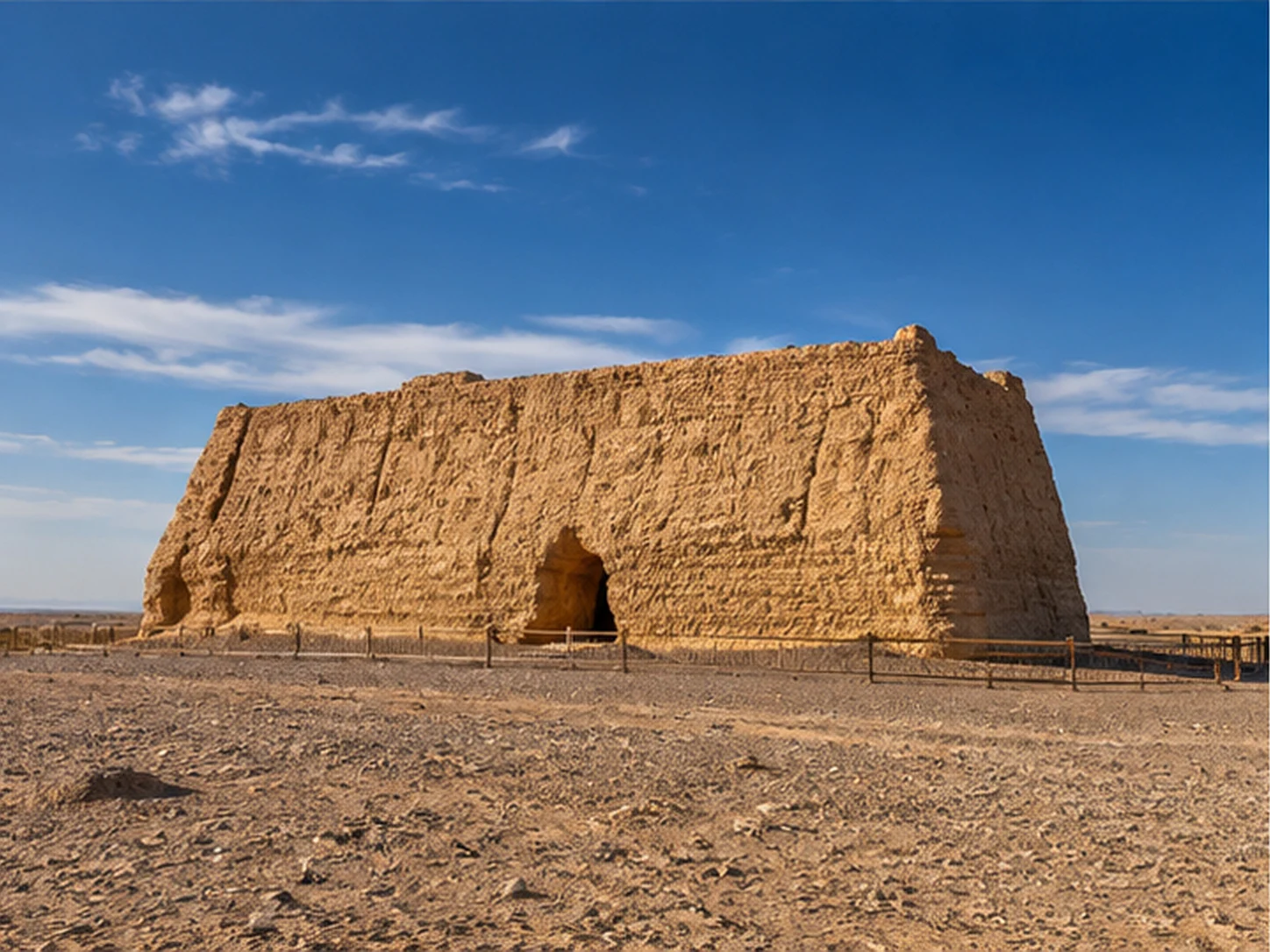The rammed-earth ruins of Yumen Pass standing in the Gobi desert under a clear blue sky