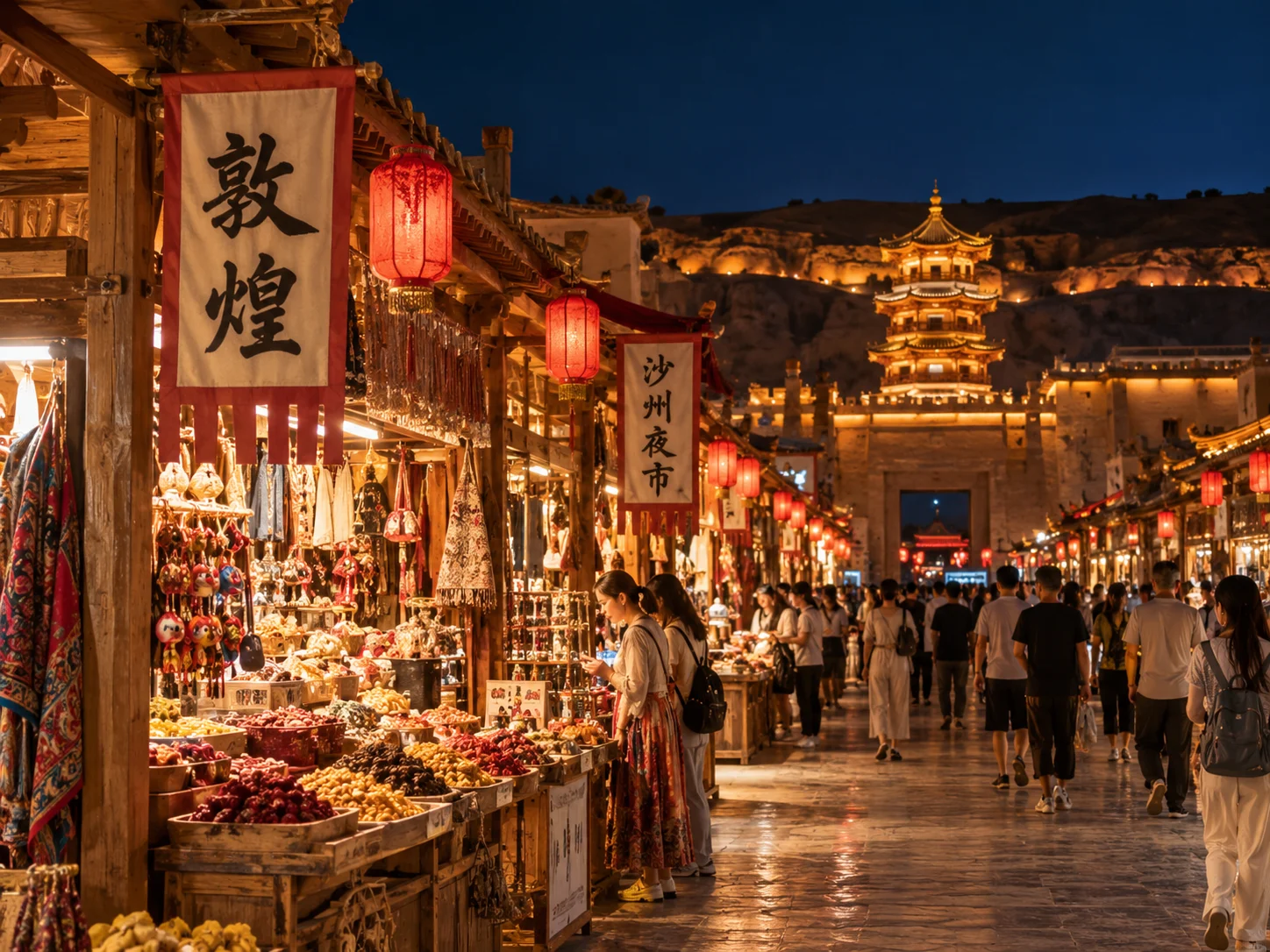 Shazhou Night Market at dusk with red lanterns, wooden stalls selling dried fruits and handicrafts, crowds and a lit traditional pagoda