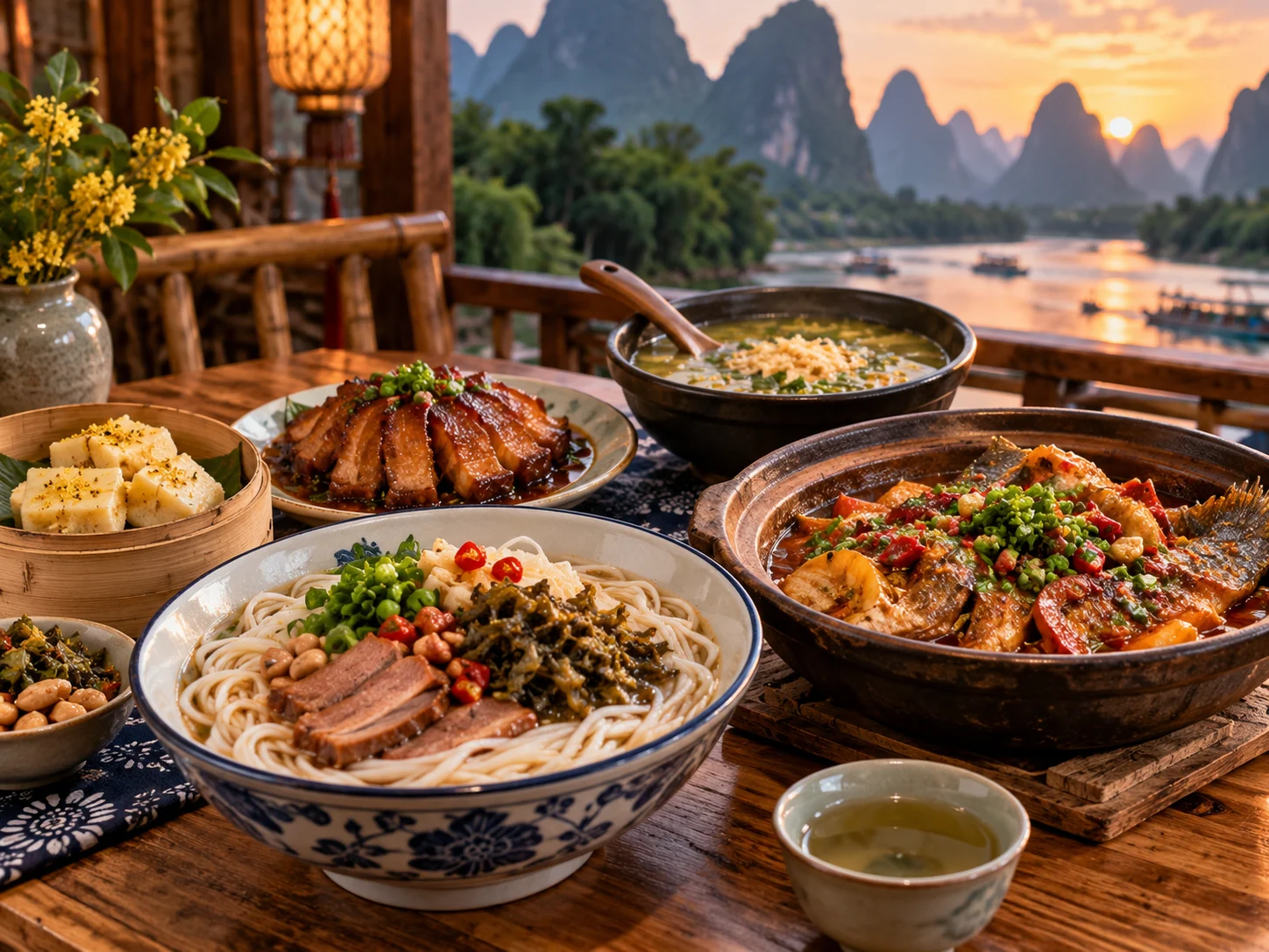 A Guilin feast with braised pork and taro, rice noodles, oil tea and dried fruits on a wooden table with a karst mountain river view through the window