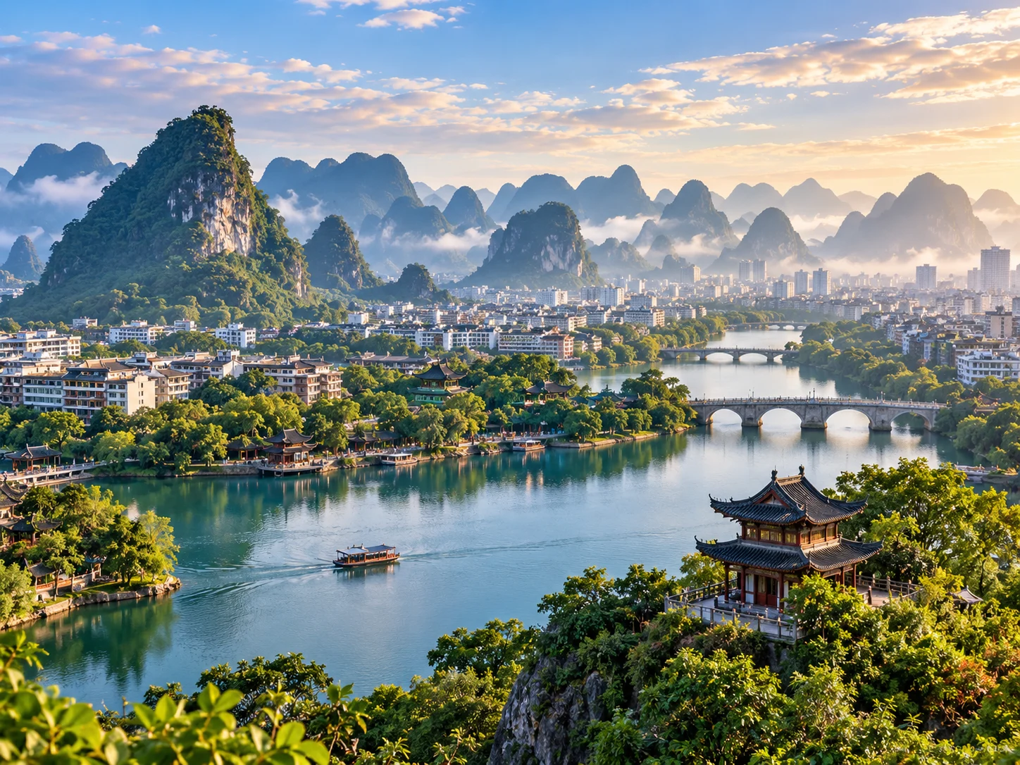 Panoramic view of Guilin city with the Li River, bridges, karst peaks, traditional pavilions and morning mist over the water