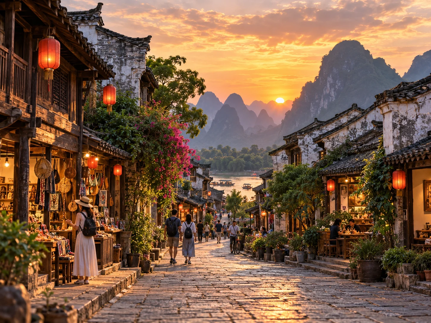 Xingping old street at sunset with stone-paved road, wooden shopfronts, red lanterns, visitors and karst peaks in the distance