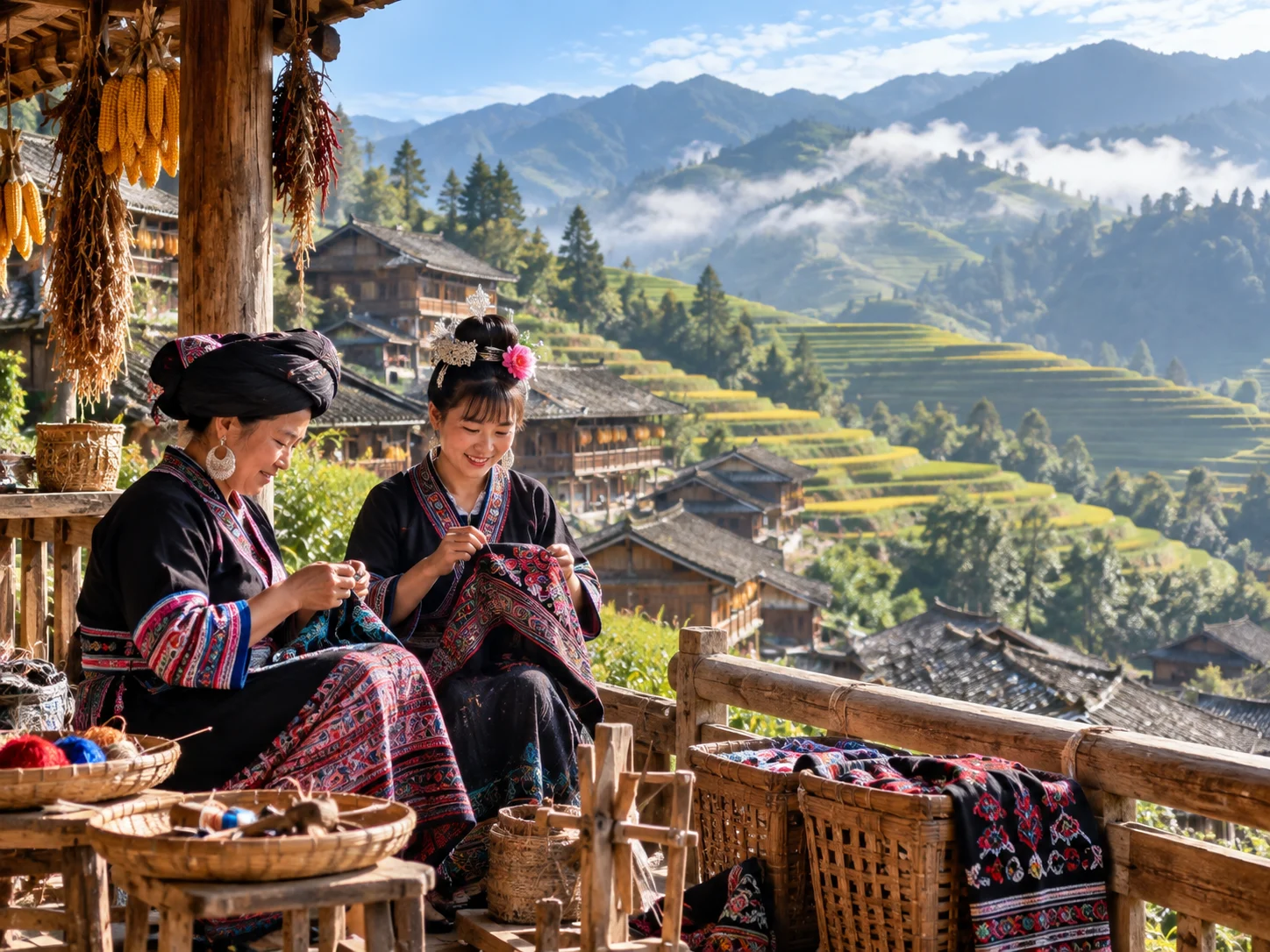 Two Zhuang and Yao ethnic women in traditional dress embroidering on a wooden balcony with rice terraces and wooden stilt houses in the background