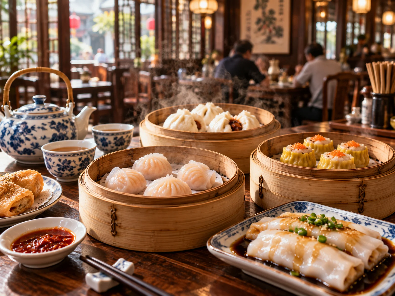 A Cantonese teahouse table with bamboo steamers of dim sum and pots of tea