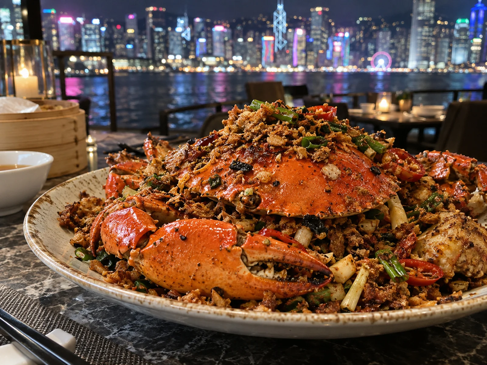 Typhoon Shelter crab served at a harbour-view restaurant in Hong Kong