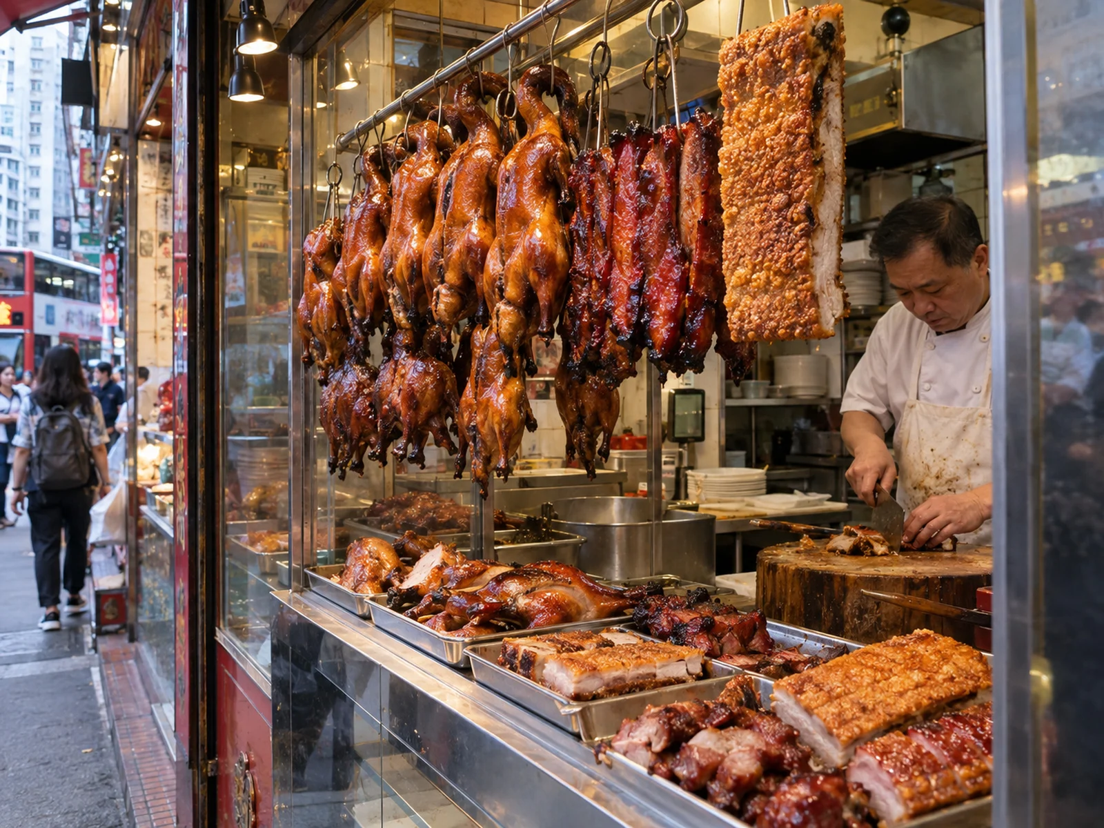 Roast meats hanging in a Hong Kong siu mei shop with char siu and roast goose